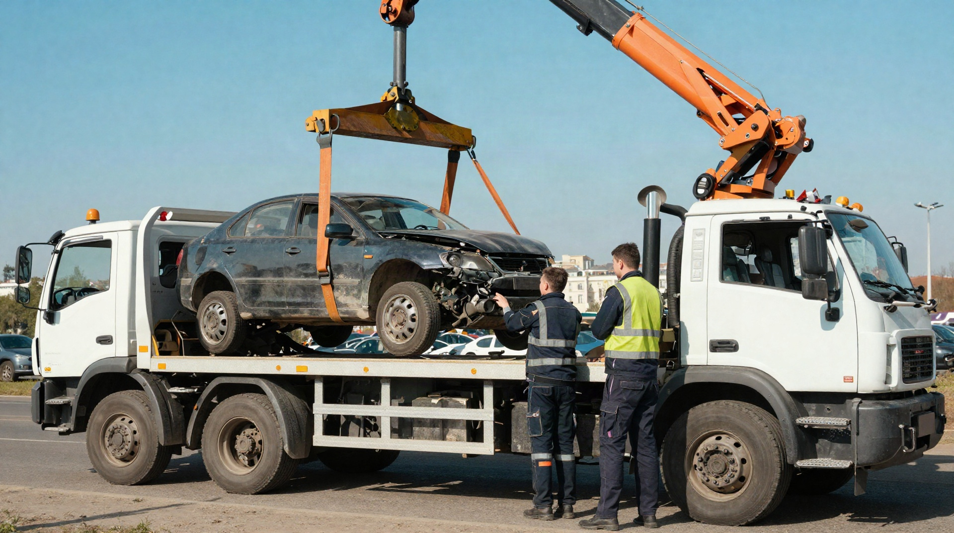 Эвакуатор с краном-манипулятором поднимает поврежденный автомобиль за раму на улице Москвы.